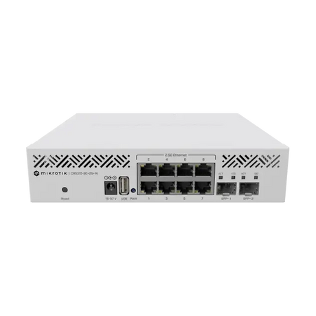 Switch/router con 8 puertos 2.5G, 2 SFP+ 10G y RouterOS L5. Solución multigigabit compacta para redes Wi-Fi 6 y uplinks 10G.