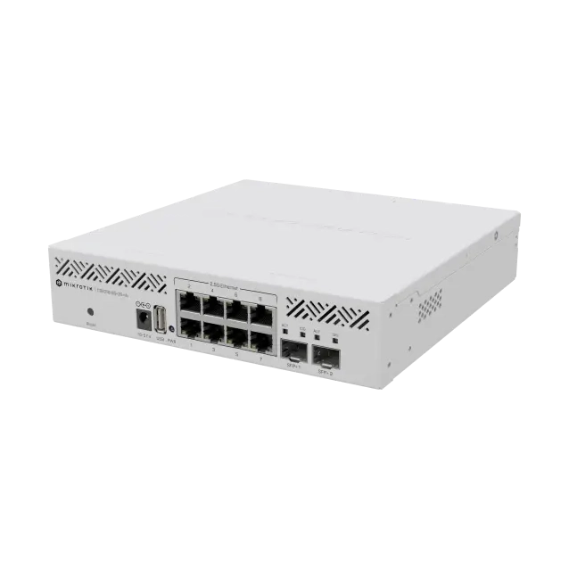 Switch/router con 8 puertos 2.5G, 2 SFP+ 10G y RouterOS L5. Solución multigigabit compacta para redes Wi-Fi 6 y uplinks 10G.