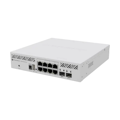 Switch/router con 8 puertos 2.5G, 2 SFP+ 10G y RouterOS L5. Solución multigigabit compacta para redes Wi-Fi 6 y uplinks 10G.