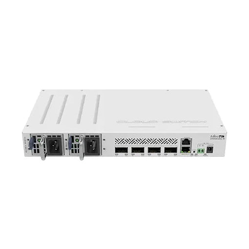 Switch 100G compacto con 4 puertos QSFP28, gestión Ethernet y RouterOS. Ideal para backbone, agregación de alta velocidad y laboratorio.