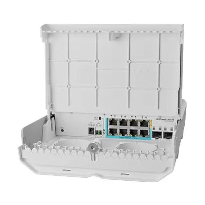 Switch outdoor netPower Lite con 8 Gigabit, 7 reverse PoE-in, 1 PoE-out y 2 SFP+ 10G. SwOS para despliegues FTTx y exteriores.