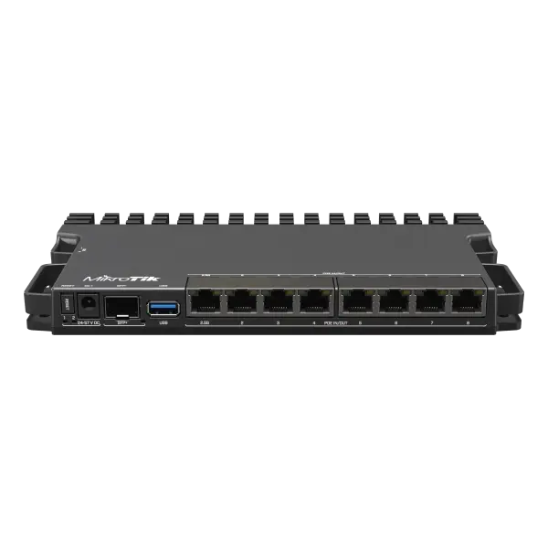 Router RB5009UPr con CPU ARMv8, 7 Gigabit PoE, 1 puerto 2.5G PoE, SFP+ 10G y RouterOS L5. Ideal para redes PoE de alto rendimiento.