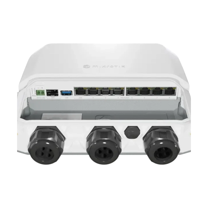 Router RB5009UPr outdoor con 7 Gigabit PoE, 1 puerto 2.5G PoE, SFP+ 10G, gabinete IP66 y RouterOS L5. Solución exterior robusta.