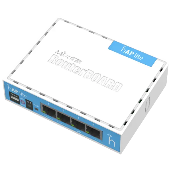 hAP lite con Wi-Fi 2.4 GHz, 4 puertos LAN, CPU 650 MHz y RouterOS L4. Router económico para hogar, oficina pequeña o capacitación.