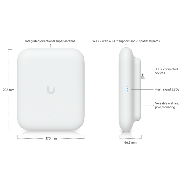 UniFi AP WiFi 7 Exterior - 2,4GHz (2x2 688Mbps 6dbi) 5GHz (4x4 8.6Gbps 8dbi) (1) 2.5GbE Req: U-PoE+